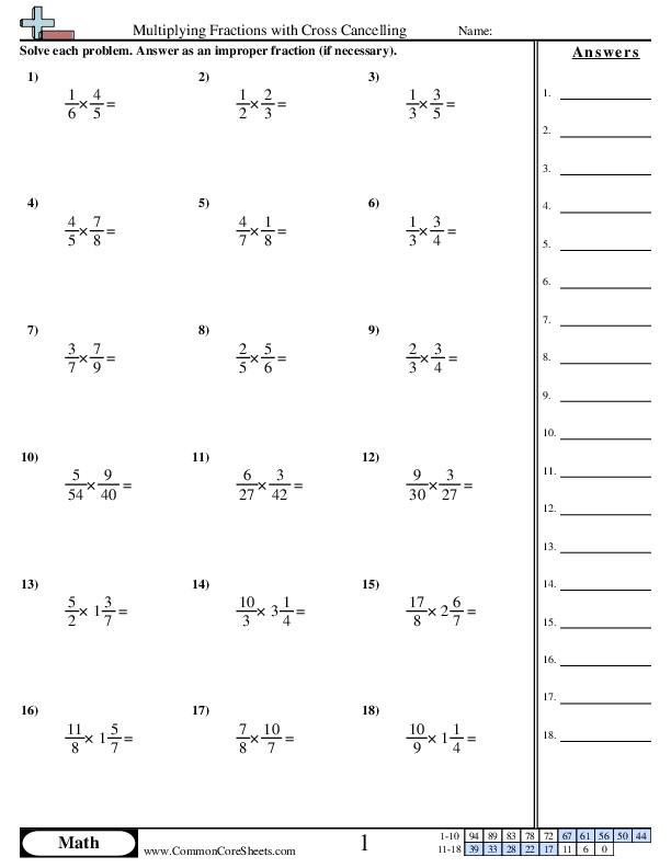 Multiplying Fractions with Cross Cancelling worksheet